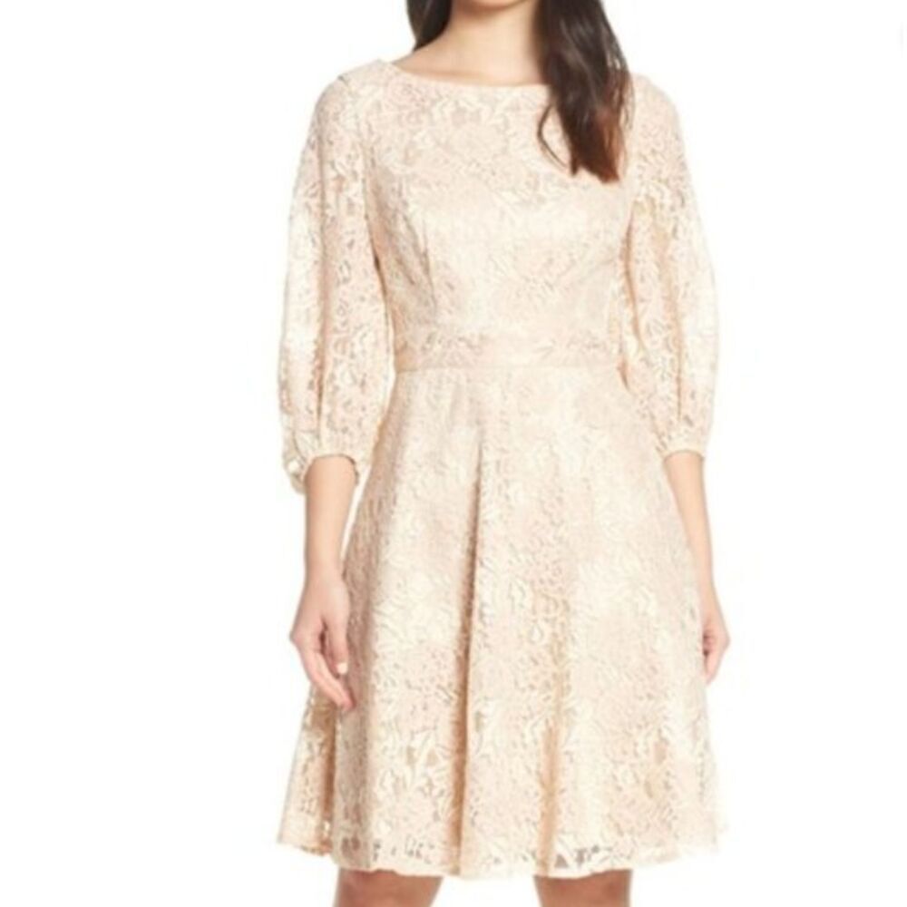 Eliza J Lace Dress Pockets‎ Lined, Boat Neck, V Zipper Back, Cream Nude Size 4